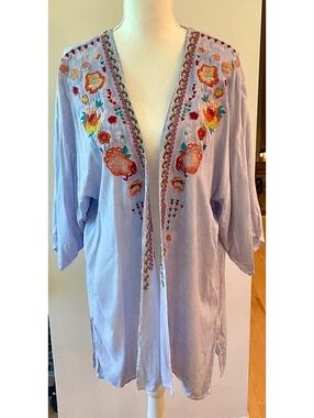 Light Blue Embroidered Floral Kimono Jacket
